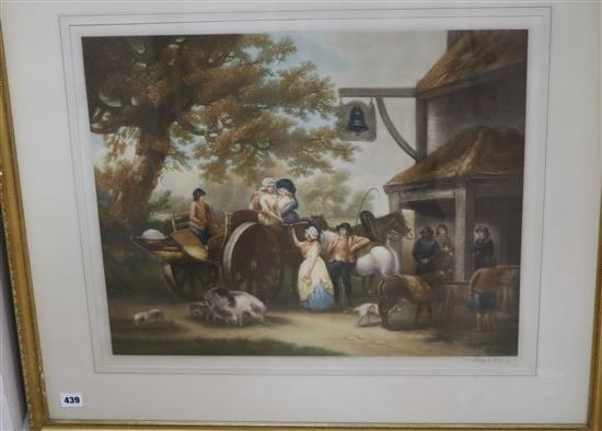 Clifford R. James, pair of colour mezzotints, Figures outside an inn and cottages, After Wheatley, signed in